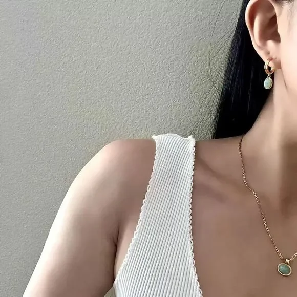 18K Gold Plated Natural Averturine Drop Earrings - Picture 3 of 10